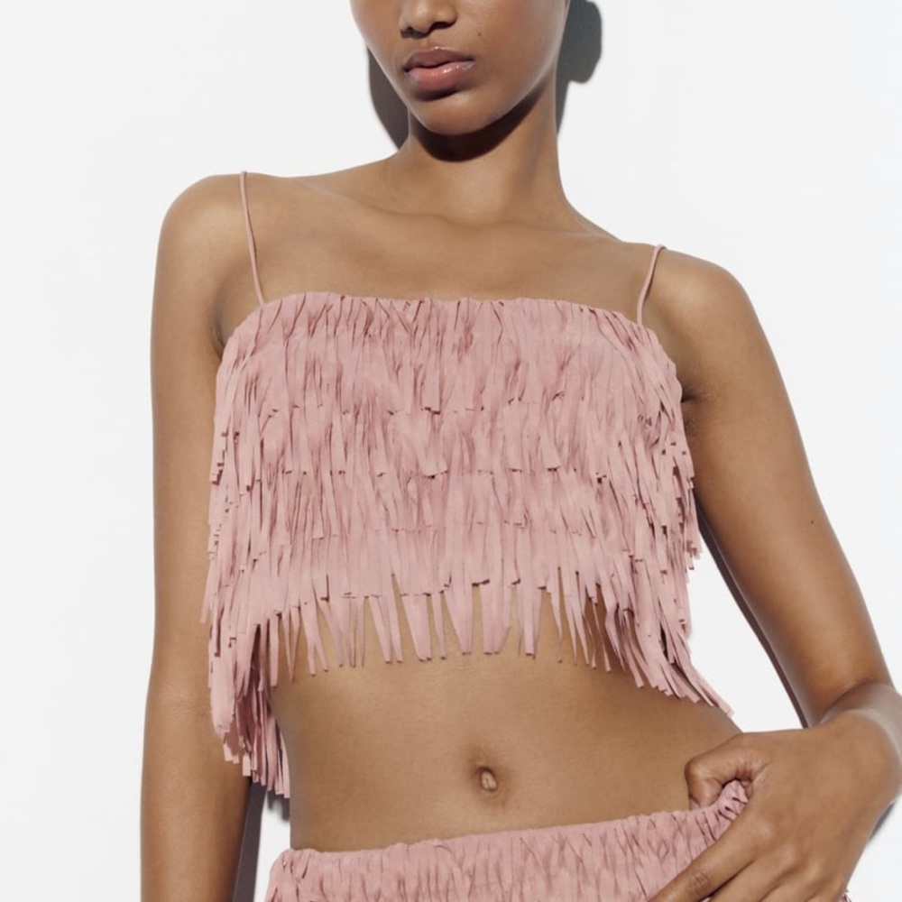 Zara Pale Pink Fringe crop top